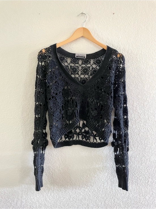 Contempo Casuals Tops - Vintage 90s Hand Knit Crochet Long Sleeve Sweater Top Blouse Black Cottagecore